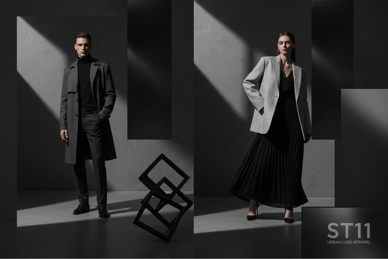 create me a home page image for a clothing company called st11 - style dark and modern clothing